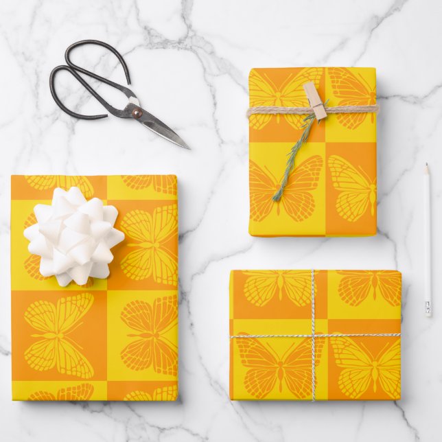 Retro Chequerboard Butterfly Pattern Yellow Orange Wrapping Paper Sheet (Front)
