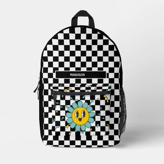 Retro Chequerboard Daisy  Printed Backpack (Front)