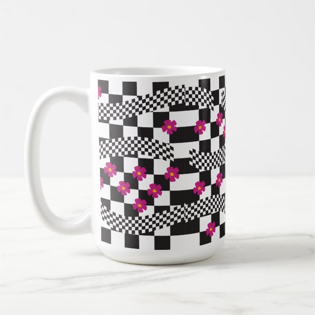 Retro Chequerboard Design with Flowers Coffee Mug (Left)