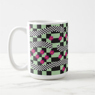 Retro Chequerboard Design with Flowers Coffee Mug