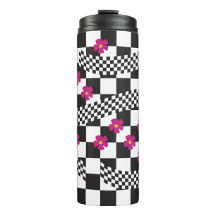 Retro Chequerboard Design with Flowers Thermal Tumbler