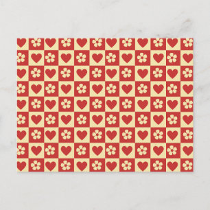 Retro Chequerboard Hearts and Flowers Pattern Postcard