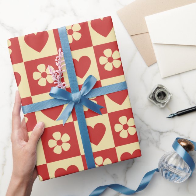 Retro Chequerboard Hearts and Flowers Pattern  Wrapping Paper (Gifting)