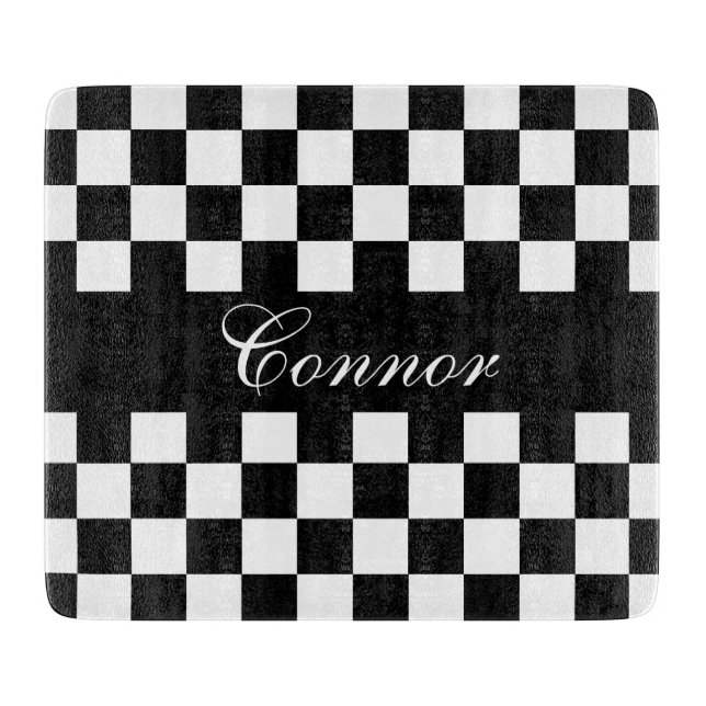 Retro Chequerboard in Black & White | DIY Name Cutting Board (Front)