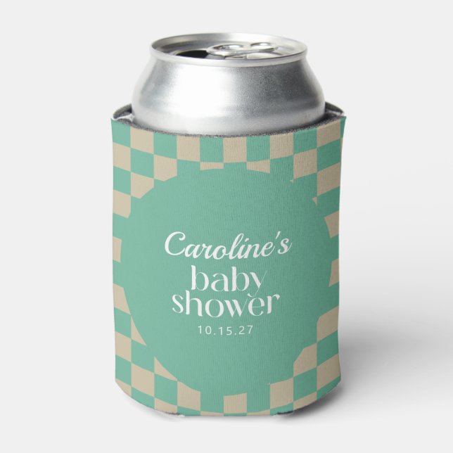 Retro Chequerboard Mint Sage Custom Baby Shower  Can Cooler (Can Front)