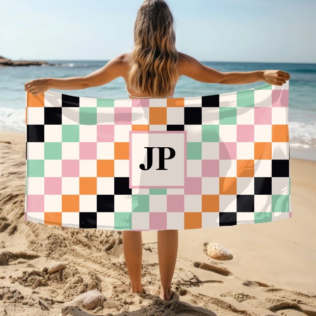 Retro Chequerboard Monogram Beach Gift Towel (Creator Uploaded)