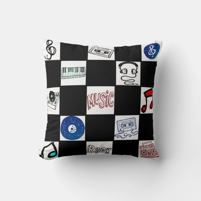Retro Chequerboard Music Cassettes & More Cushion (Front)