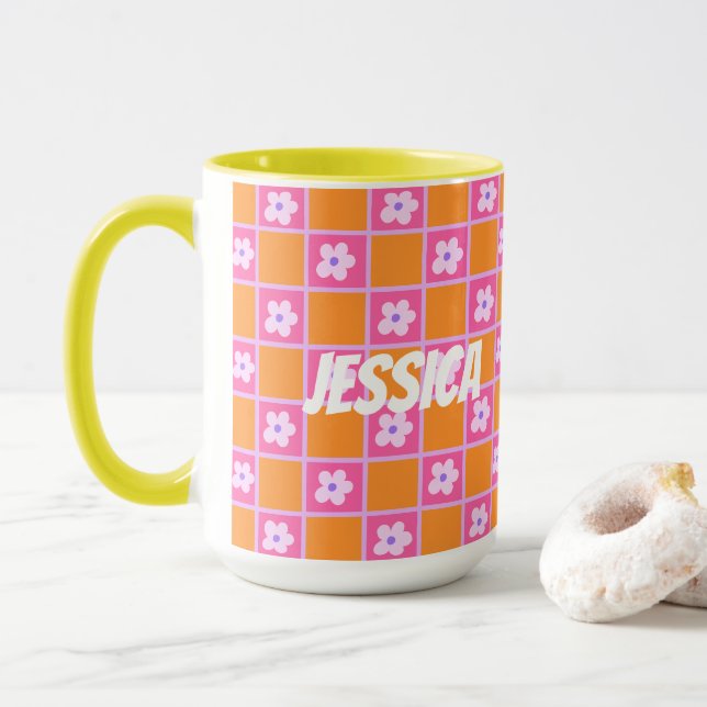 Retro Chequerboard Pattern In Orange And Purple Mug (With Donut)