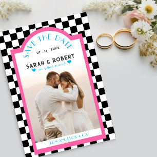 Retro Chequerboard Photo Pink & Blue Wedding Save The Date