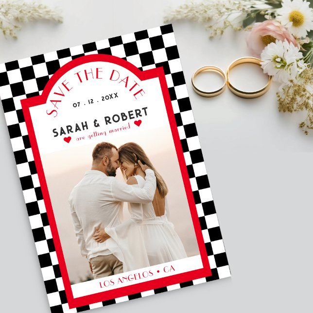 Retro Chequerboard Photo Red Black & White Wedding Save The Date (Retro Checkerboard Photo Red Black & White Wedding Save The Date)