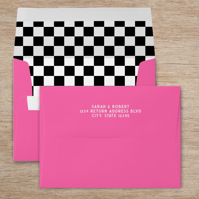 Retro Chequerboard Pink Black & White Wedding Envelope (Retro Checkerboard Pink Black & White Wedding Envelope)