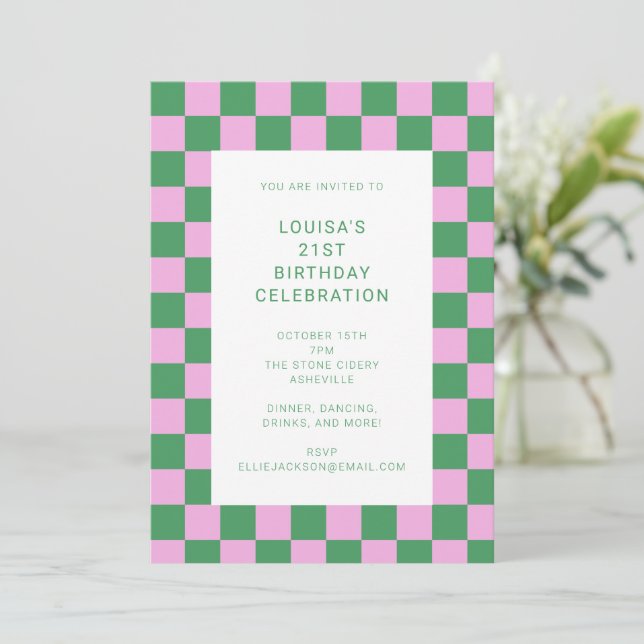 Retro Chequerboard Pink Green 21st Birthday Party Invitation (Standing Front)