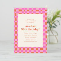 Retro Chequerboard Pink Orange 50th Fifty Birthday
