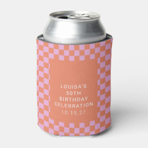 Retro Chequerboard Pink Orange Custom Birthday  Can Cooler