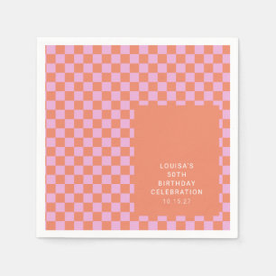 Retro Chequerboard Pink Orange Custom Birthday  Napkin