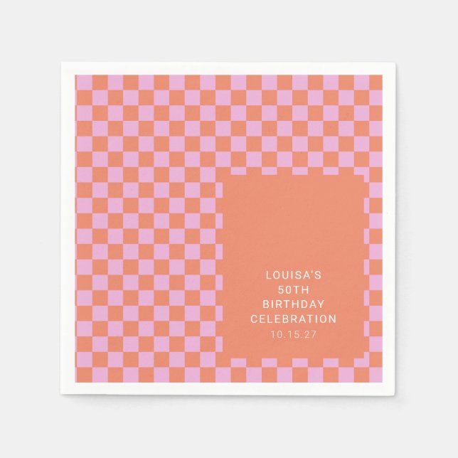 Retro Chequerboard Pink Orange Custom Birthday  Napkin (Front)