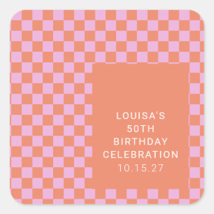 Retro Chequerboard Pink Orange Custom Birthday  Square Sticker