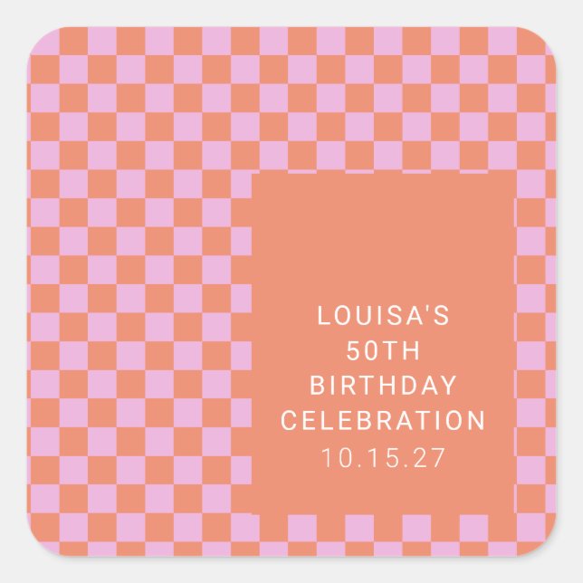 Retro Chequerboard Pink Orange Custom Birthday  Square Sticker (Front)