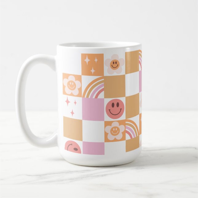 Retro Chequerboard Smile Face 60s Pattern Mug (Left)