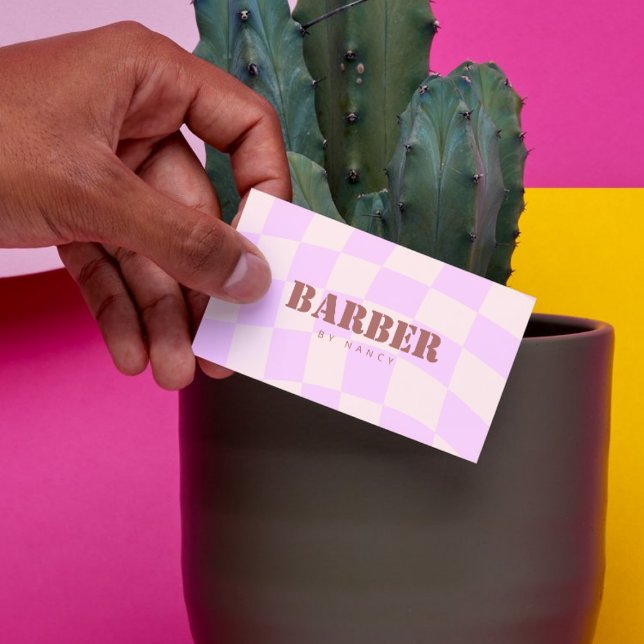 Retro Chequerboard Swirl Pink barber Business Card (Creator Uploaded)