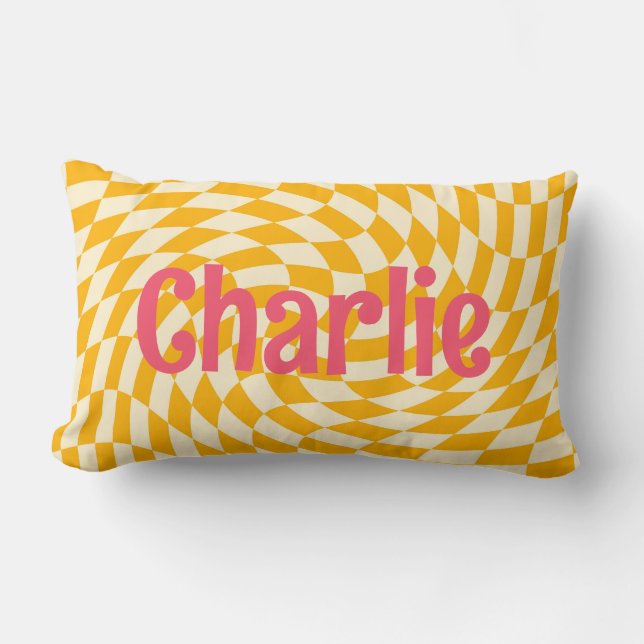 Retro chequerboard swirl wave add name yellow pink lumbar cushion (Front)