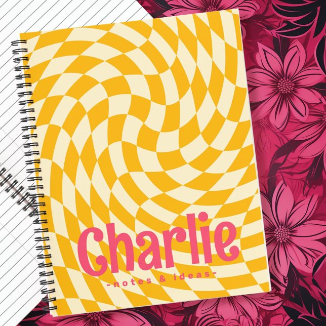 Retro chequerboard swirl wave add name yellow pink notebook (Retro checkerboard swirl wave add name yellow pink notebook)