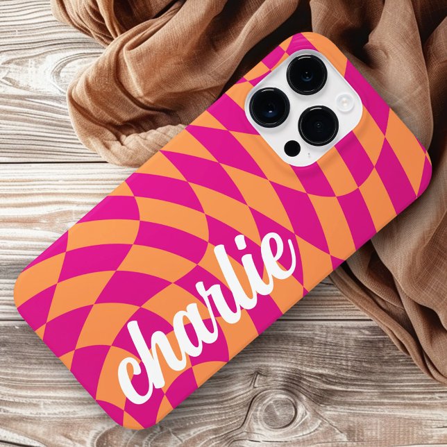 Retro chequerboard swirl wave hot pink orange Case-Mate iPhone case (Retro checkerboard swirl wave hot pink orange Case-Mate iPhone case)
