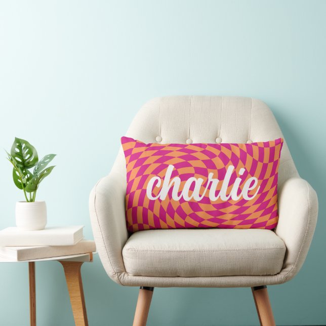 Retro chequerboard swirl wave hot pink orange lumbar cushion (Chair)
