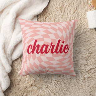 Retro chequerboard swirl wave light blush pink red cushion