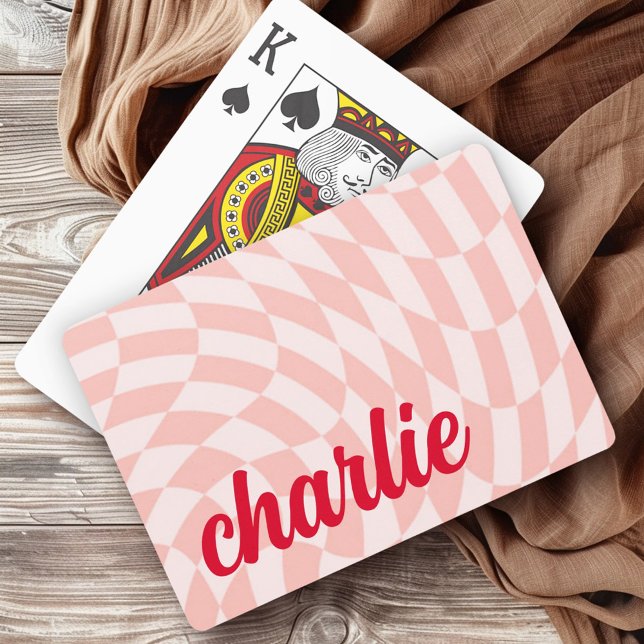 Retro chequerboard swirl wave light blush pink red playing cards (Retro checkerboard swirl wave light blush pink red playing cards)