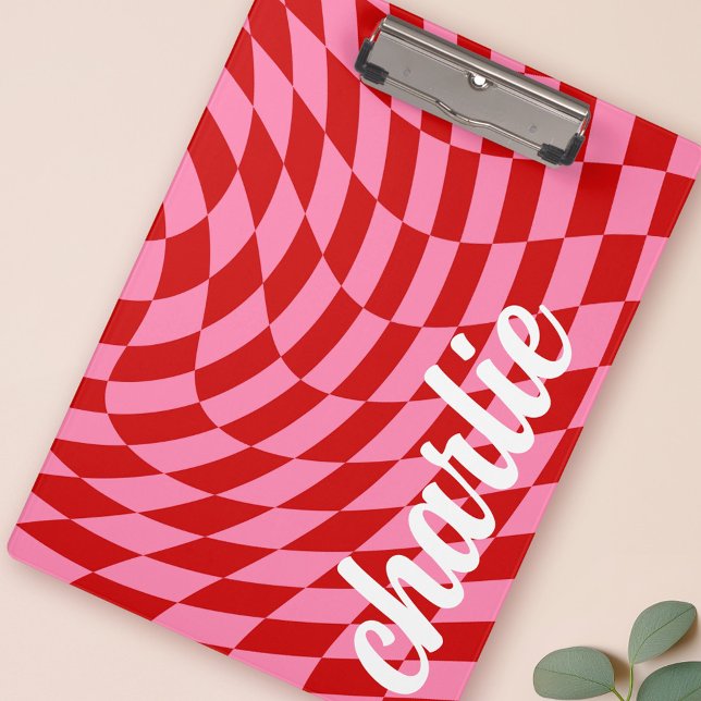 Retro chequerboard swirl wave pin red clipboard (Retro checkerboard swirl wave pin red clipboard)