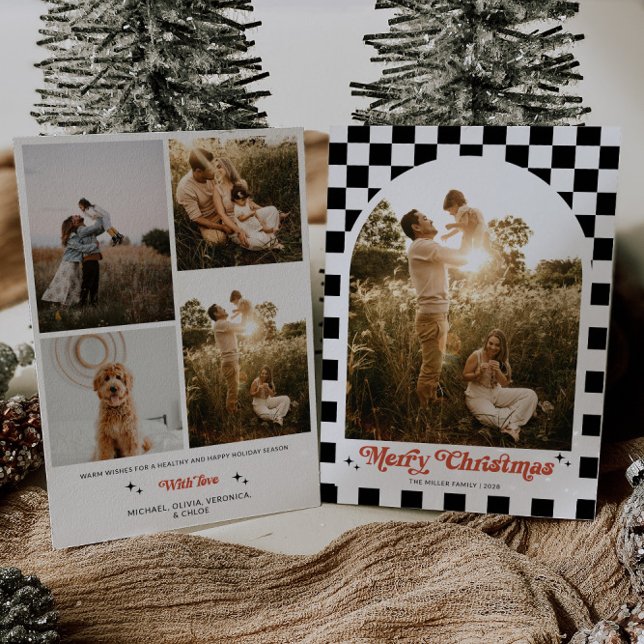 Retro Chequered Arch Family Photo Holiday Card (Retro Arch Family Photo Christmas Card)