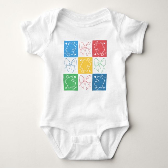 Retro Chequered Autism Awareness Coquette Bow Baby Bodysuit (Front)