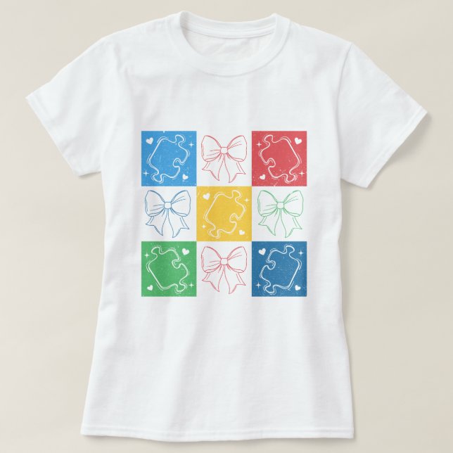 Retro Chequered Autism Awareness Coquette Bow T-Shirt (Design Front)