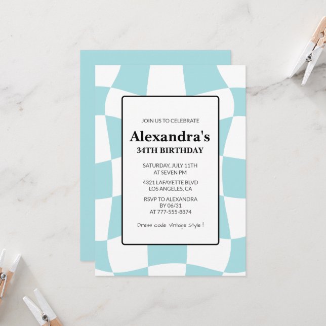 Retro Chequered Blue 34th birthday invitations  (Front/Back In Situ)