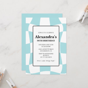 Retro Chequered Blue 36th birthday invitations 
