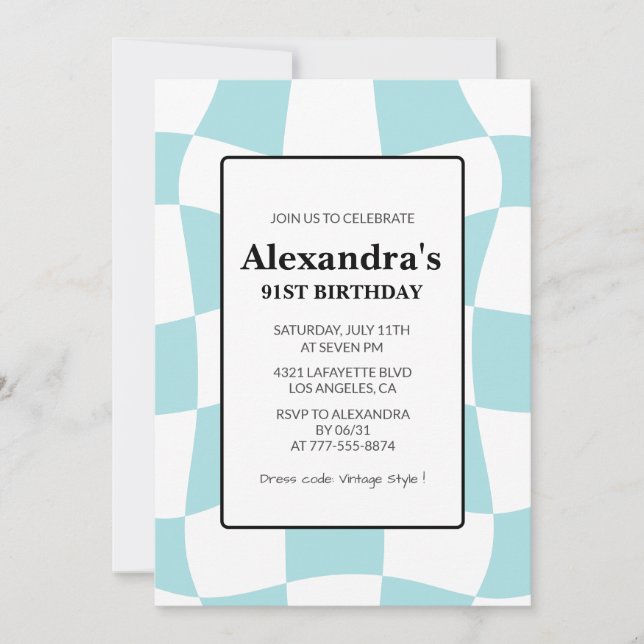 Retro Chequered Blue 91st birthday Invitation (Front)