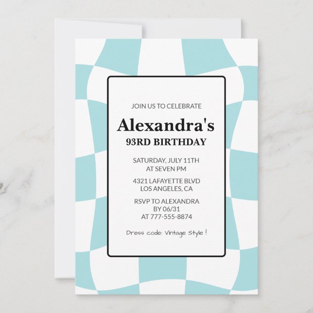 Retro Chequered Blue 93rd birthday Invitation (Front)