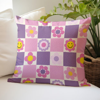 Retro Chequered Chequered Y2K Floral Pattern Cushion