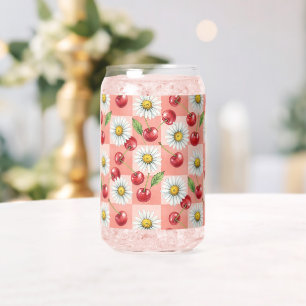 Retro Chequered Cherries and Daisys Can Glass