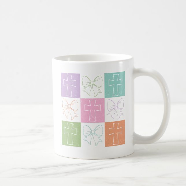 Retro Chequered Christian Cross Coquette Bow Coffee Mug (Right)