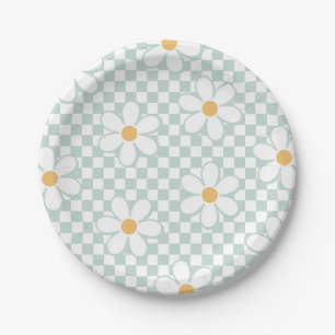 Retro Chequered Daisy mint birthday Paper Plates