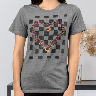 Retro Chequered Floral Heart Illustration Tri-Blend Shirt