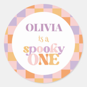 Retro Chequered Halloween First Birthday Classic Round Sticker