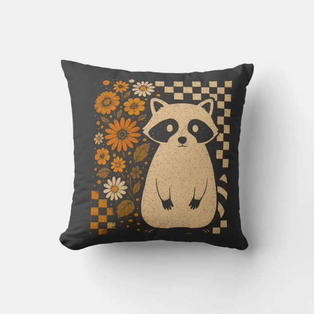 Retro Chequered Halloween Racoon Cushion (Front)