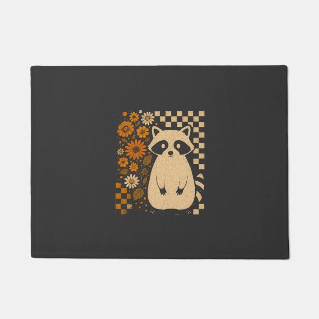 Retro Chequered Halloween Racoon Doormat (Front)