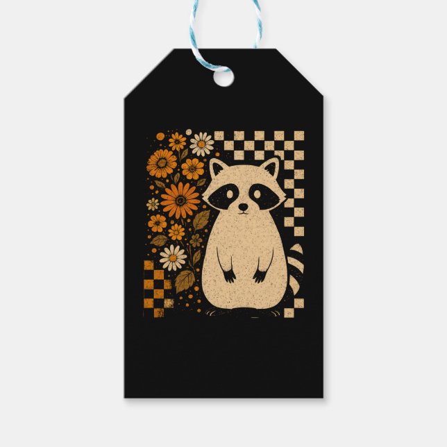 Retro Chequered Halloween Racoon Gift Tags (Front)
