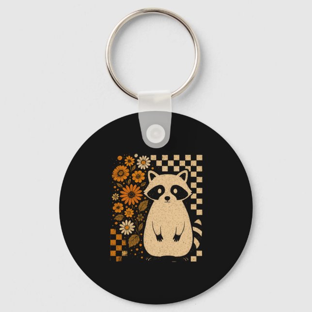 Retro Chequered Halloween Racoon Key Ring (Front)