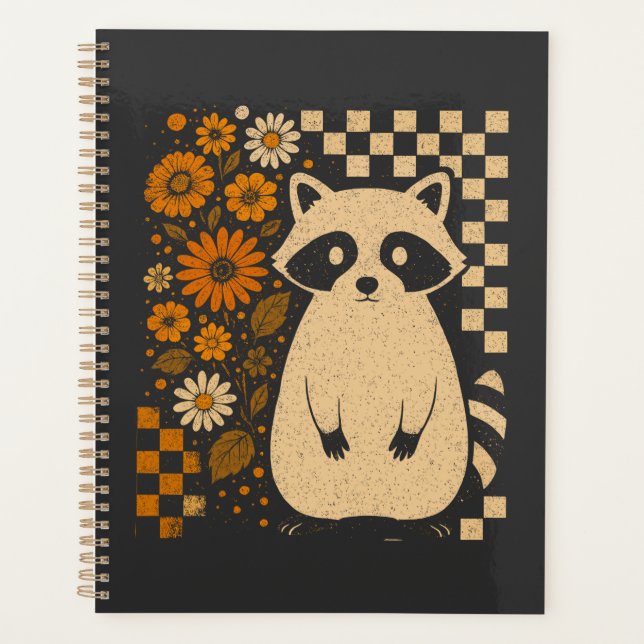Retro Chequered Halloween Racoon Planner (Front)