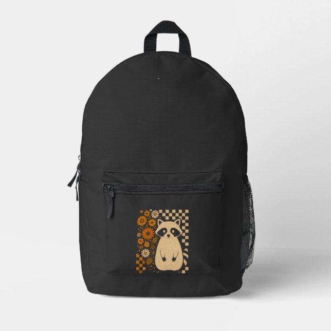 Retro Chequered Halloween Racoon Printed Backpack (Front)
